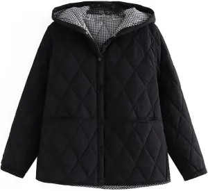 Autumn Winter Parkas Women Loose Fit Padded Jacket Hooded Argyle Thin Cotton Coat