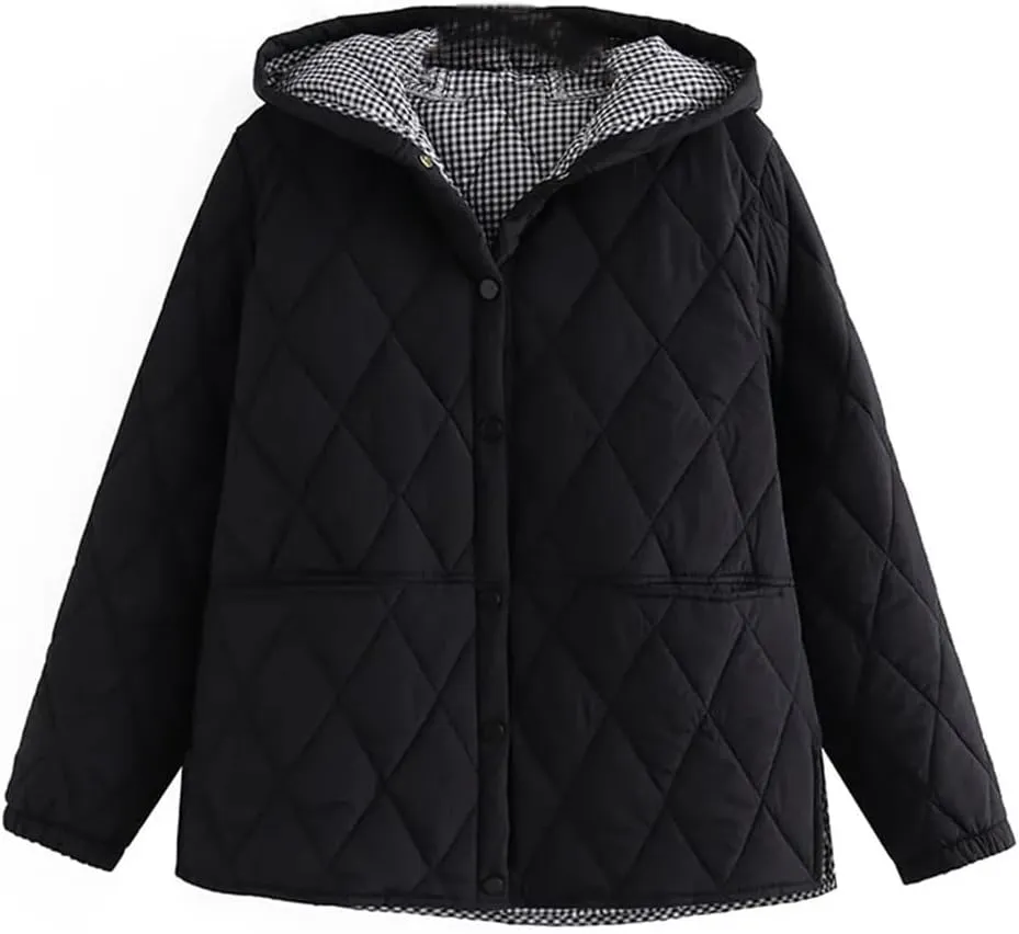 Autumn Winter Parkas Women Loose Fit Padded Jacket Hooded Argyle Thin Cotton Coat
