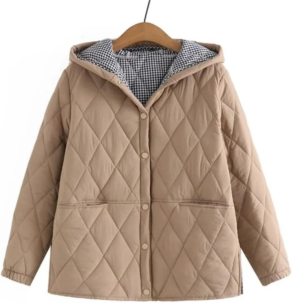 Autumn Winter Parkas Women Loose Fit Padded Jacket Hooded Argyle Thin Cotton Coat