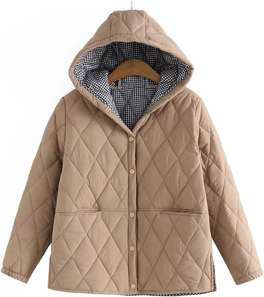Autumn Winter Parkas Women Loose Fit Padded Jacket Hooded Argyle Thin Cotton Coat