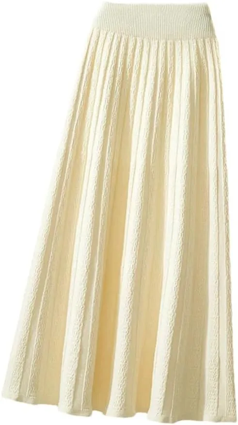 Autumn Winter Thick Mid Length Knitted Skirt Women High Waist A Line Midi Solid Color Pleated Skirt