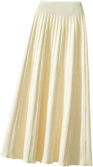 Autumn Winter Thick Mid Length Knitted Skirt Women High Waist A Line Midi Solid Color Pleated Skirt