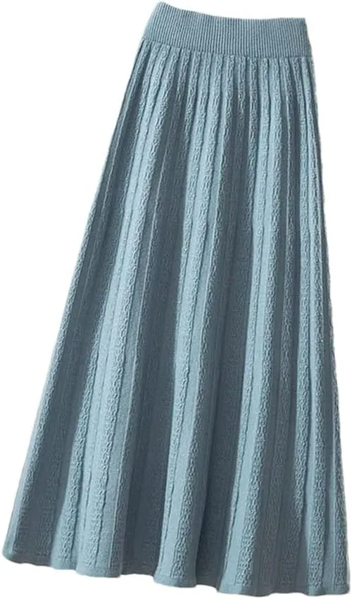 Autumn Winter Thick Mid Length Knitted Skirt Women High Waist A Line Midi Solid Color Pleated Skirt