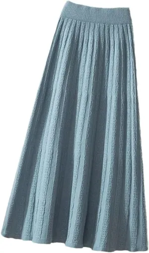 Autumn Winter Thick Mid Length Knitted Skirt Women High Waist A Line Midi Solid Color Pleated Skirt