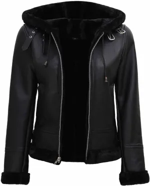 Blingsoul Disc Shearling Leather Jacket Women | [1309285] Grace Black Hooded, XL