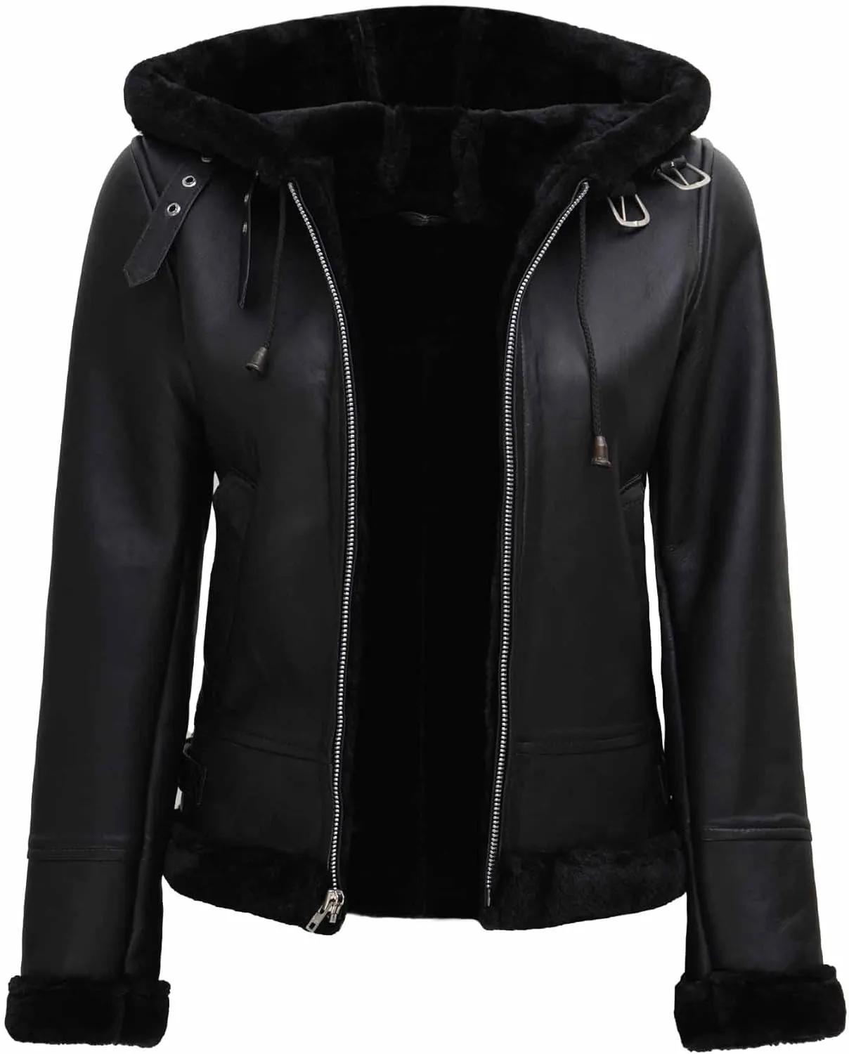 Blingsoul Disc Shearling Leather Jacket Women | [1309285] Grace Black Hooded, XL