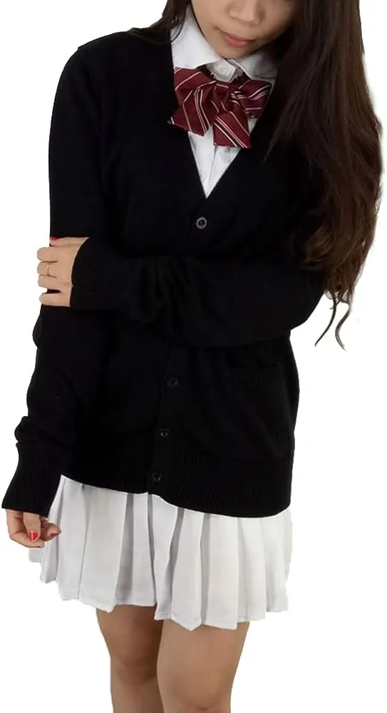 Blostirno Women's Cardigan Sweater V Neck Button Down Knit JK School Uniform Cardigans Girls Long Sleeve Coat with Pockets