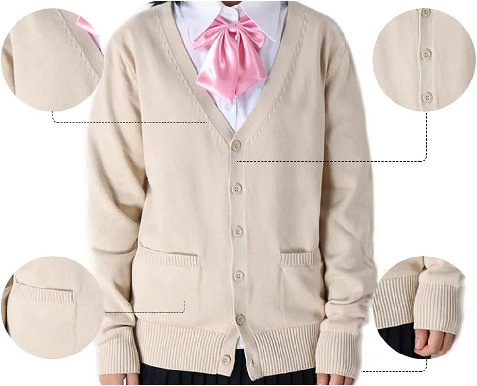 Blostirno Women's Cardigan Sweater V Neck Button Down Knit JK School Uniform Cardigans Girls Long Sleeve Coat with Pockets