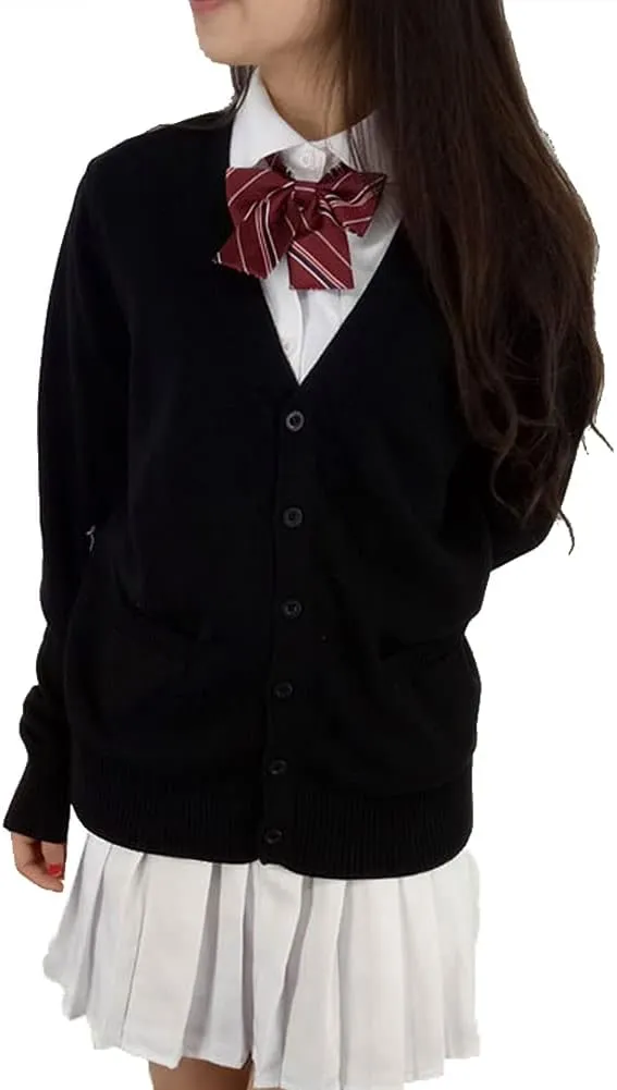 Blostirno Women's Cardigan Sweater V Neck Button Down Knit JK School Uniform Cardigans Girls Long Sleeve Coat with Pockets