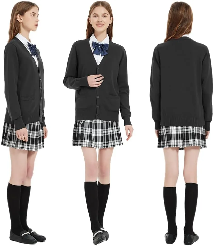 Blostirno Women's Cardigan Sweater V Neck Button Down Knit JK School Uniform Cardigans Girls Long Sleeve Coat with Pockets