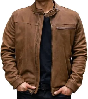 Caf Racer Lambskin Leather Jacket Men Round Collar Men's Casual Real Leather Motorcycle Biker Jacket