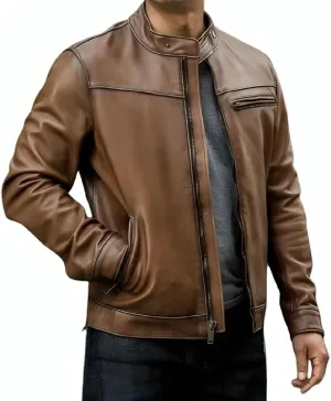 Caf Racer Lambskin Leather Jacket Men Round Collar Men's Casual Real Leather Motorcycle Biker Jacket