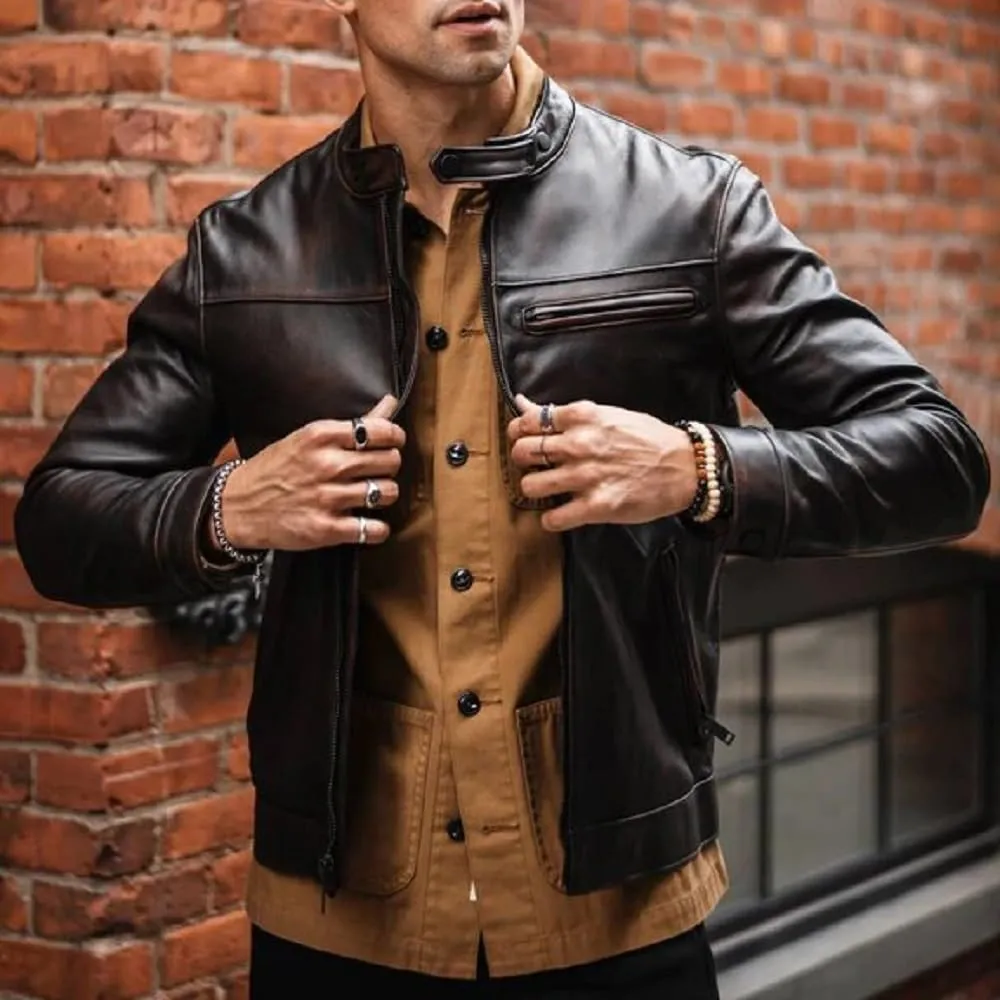 Caf Racer Lambskin Leather Jacket Men Round Collar Men's Casual Real Leather Motorcycle Biker Jacket