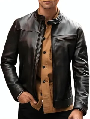 Caf Racer Lambskin Leather Jacket Men Round Collar Men's Casual Real Leather Motorcycle Biker Jacket