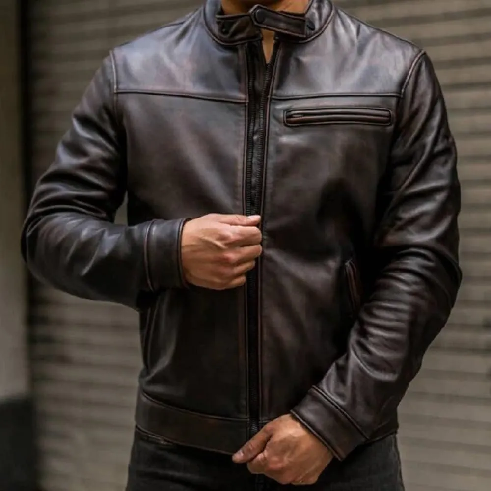 Caf Racer Lambskin Leather Jacket Men Round Collar Men's Casual Real Leather Motorcycle Biker Jacket