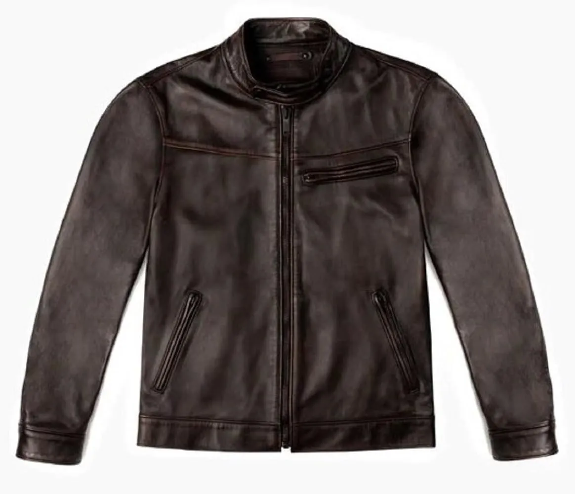 Caf Racer Lambskin Leather Jacket Men Round Collar Men's Casual Real Leather Motorcycle Biker Jacket