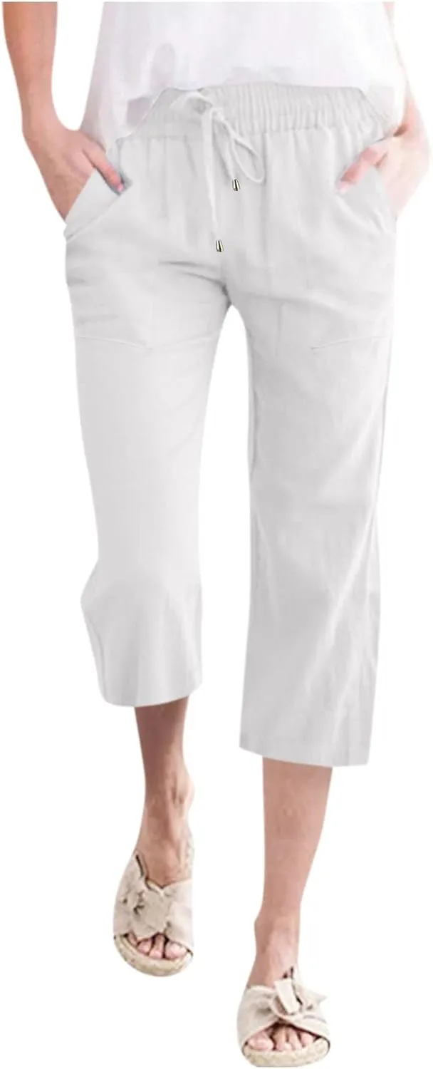 Capri Pants For Women Stretch Pull On 2024 Drawstring Elastic High Waist Linen Pants Straight Leg Cropped Trousers