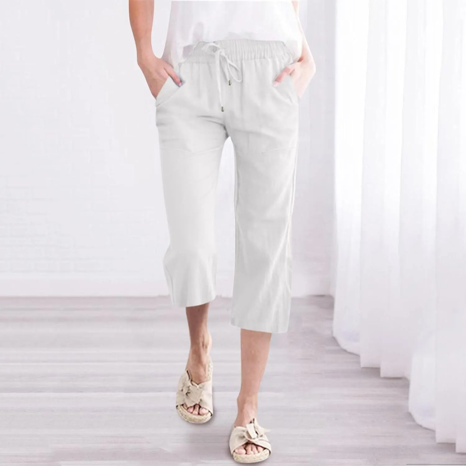Capri Pants For Women Stretch Pull On 2024 Drawstring Elastic High Waist Linen Pants Straight Leg Cropped Trousers