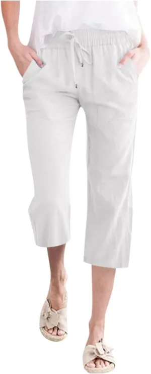 Capri Pants For Women Stretch Pull On 2024 Drawstring Elastic High Waist Linen Pants Straight Leg Cropped Trousers