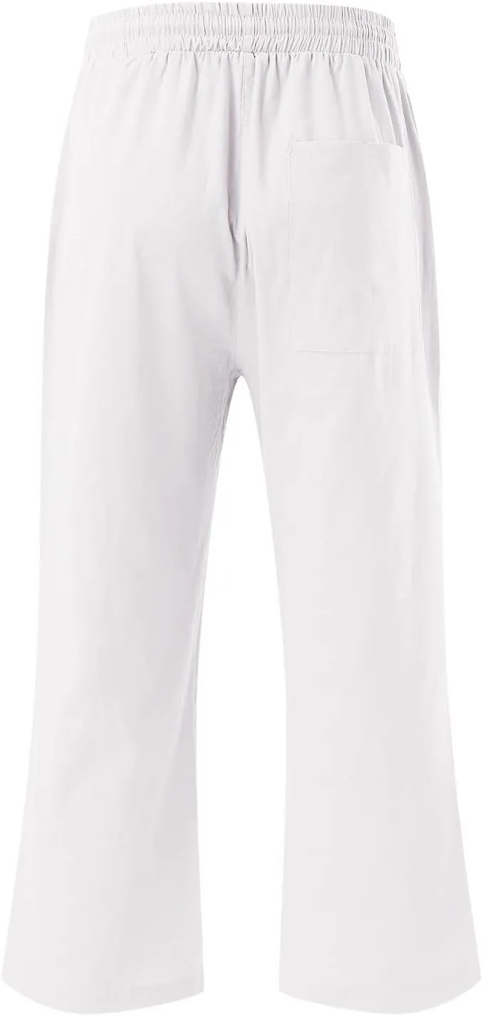 Capri Pants For Women Stretch Pull On 2024 Drawstring Elastic High Waist Linen Pants Straight Leg Cropped Trousers