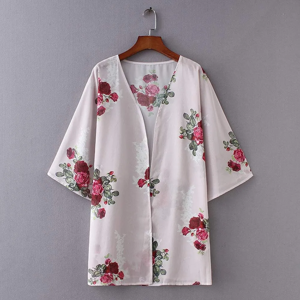 CASURESS Women's Sheer Chiffon Summer Blouse Tops Kimono Cardigan Floral Casual Loose Cover Ups Swimwear