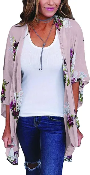 CASURESS Women's Sheer Chiffon Summer Blouse Tops Kimono Cardigan Floral Casual Loose Cover Ups Swimwear