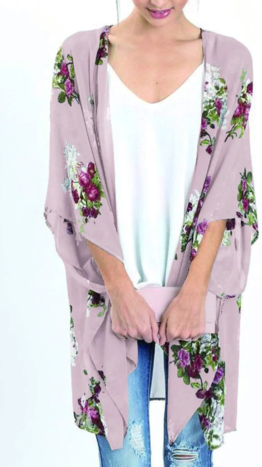 CASURESS Women's Sheer Chiffon Summer Blouse Tops Kimono Cardigan Floral Casual Loose Cover Ups Swimwear