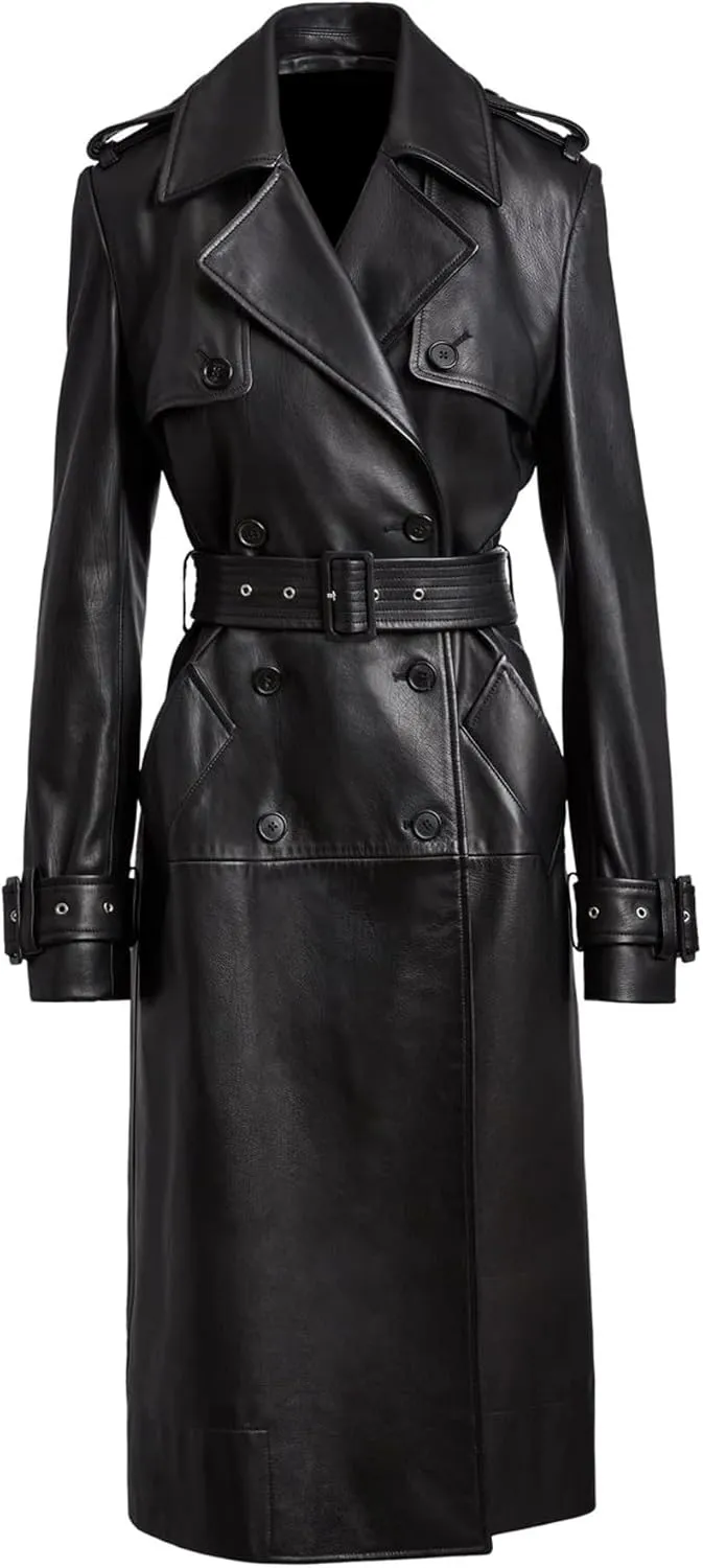 Classic Long Trench Coat - Genuine Leather Full Length Outerwear for Timeless Style