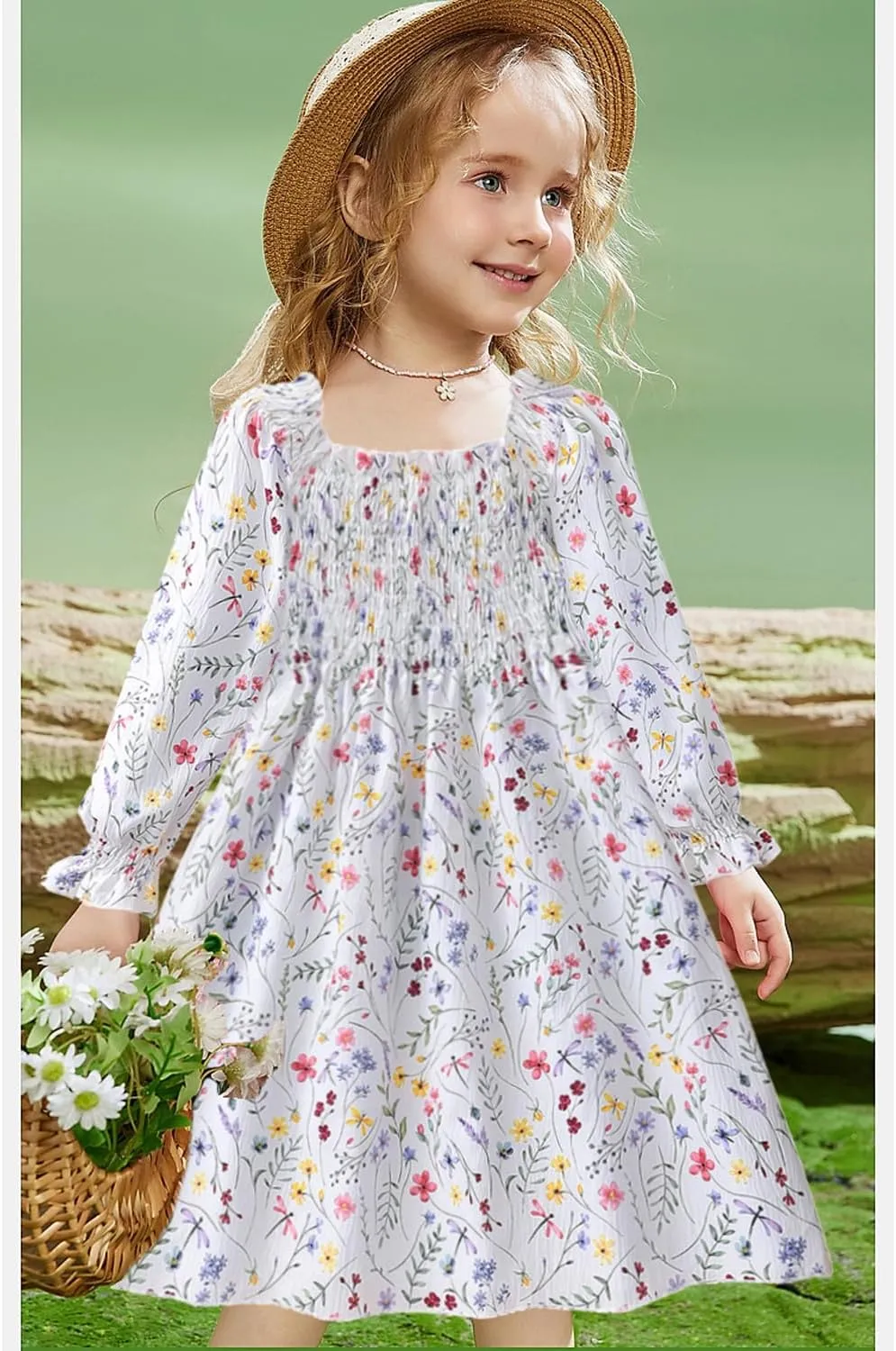 CM-Kid Girl Long Sleeve Dress Ruffle Floral Square Neck Spring Church School Outfits Sundress