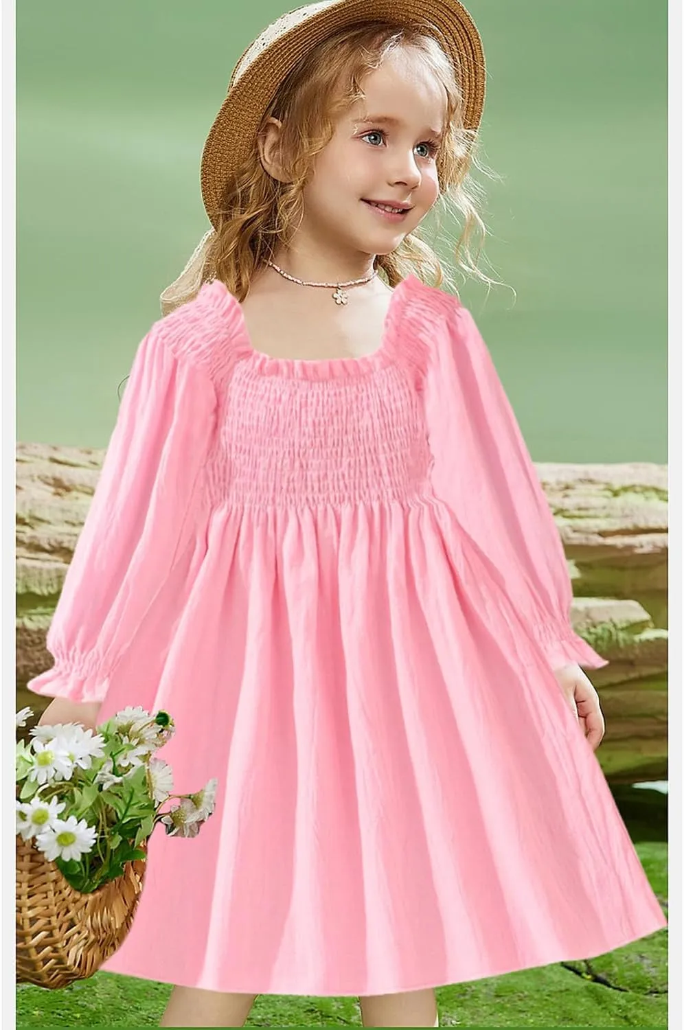 CM-Kid Girl Long Sleeve Dress Ruffle Floral Square Neck Spring Church School Outfits Sundress