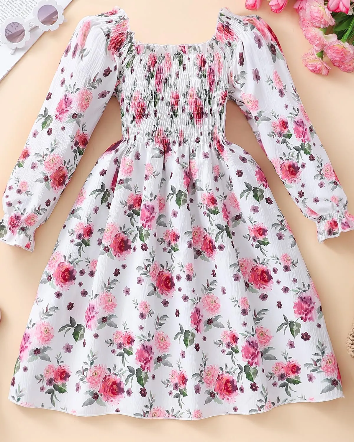 CM-Kid Girl Long Sleeve Dress Ruffle Floral Square Neck Spring Church School Outfits Sundress