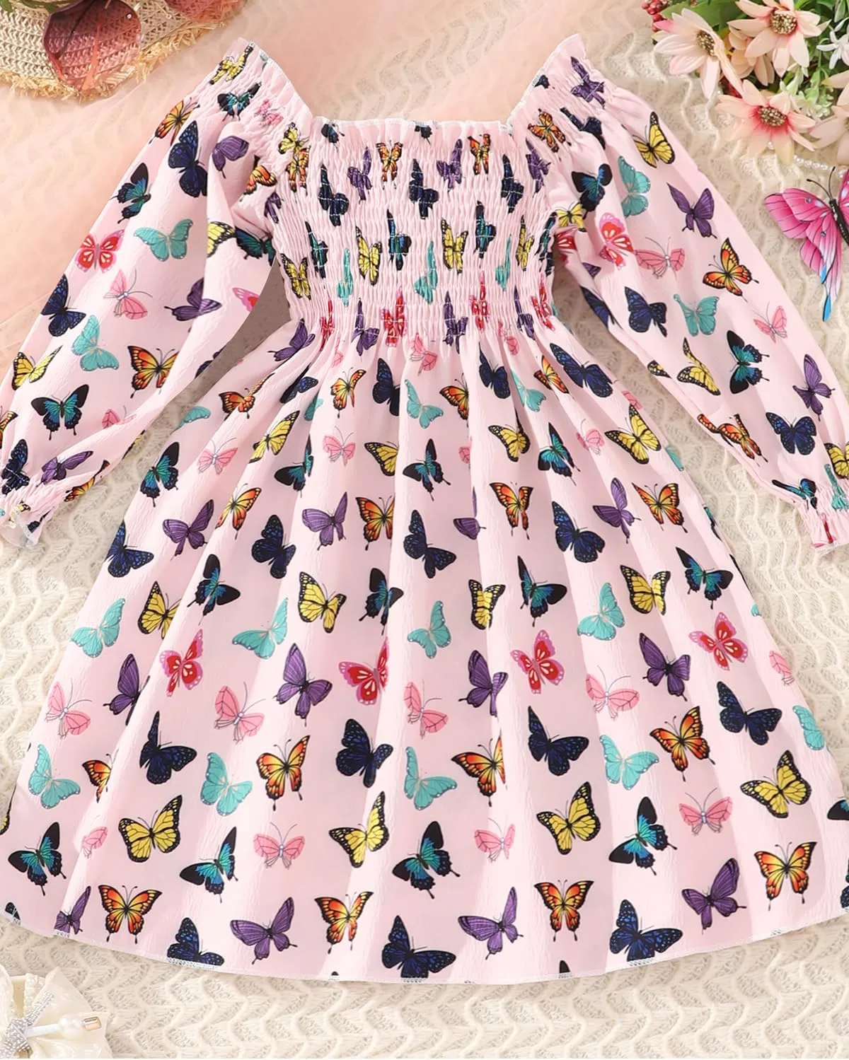 CM-Kid Girl Long Sleeve Dress Ruffle Floral Square Neck Spring Church School Outfits Sundress
