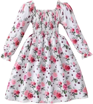 CM-Kid Girl Long Sleeve Dress Ruffle Floral Square Neck Spring Church School Outfits Sundress