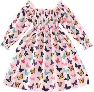 CM-Kid Girl Long Sleeve Dress Ruffle Floral Square Neck Spring Church School Outfits Sundress