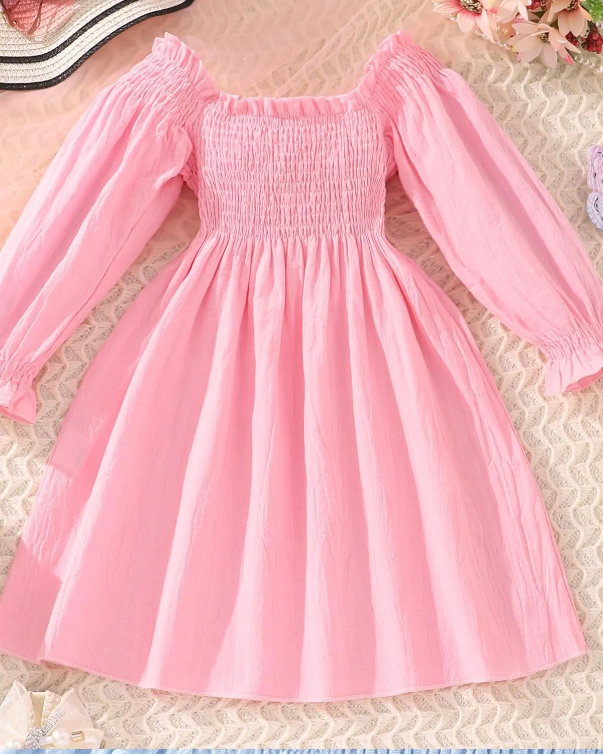 CM-Kid Girl Long Sleeve Dress Ruffle Floral Square Neck Spring Church School Outfits Sundress