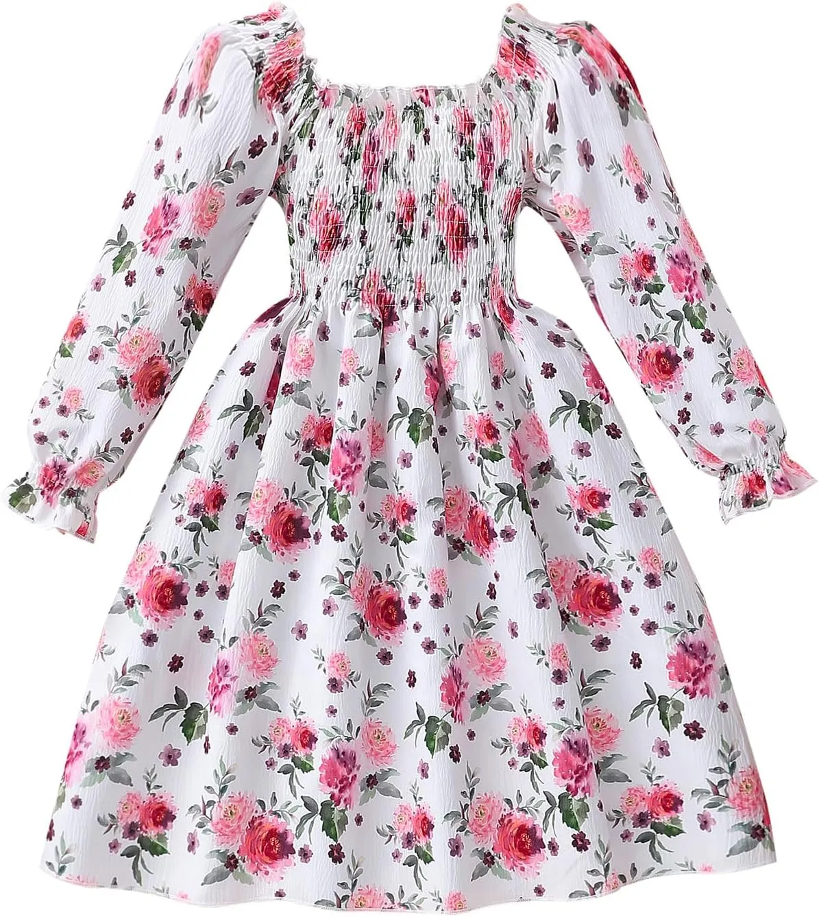 CM-Kid Girl Long Sleeve Dress Ruffle Floral Square Neck Spring Church School Outfits Sundress