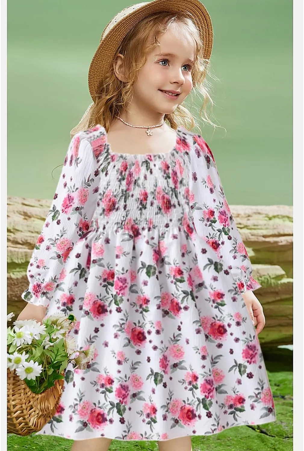 CM-Kid Girl Long Sleeve Dress Ruffle Floral Square Neck Spring Church School Outfits Sundress