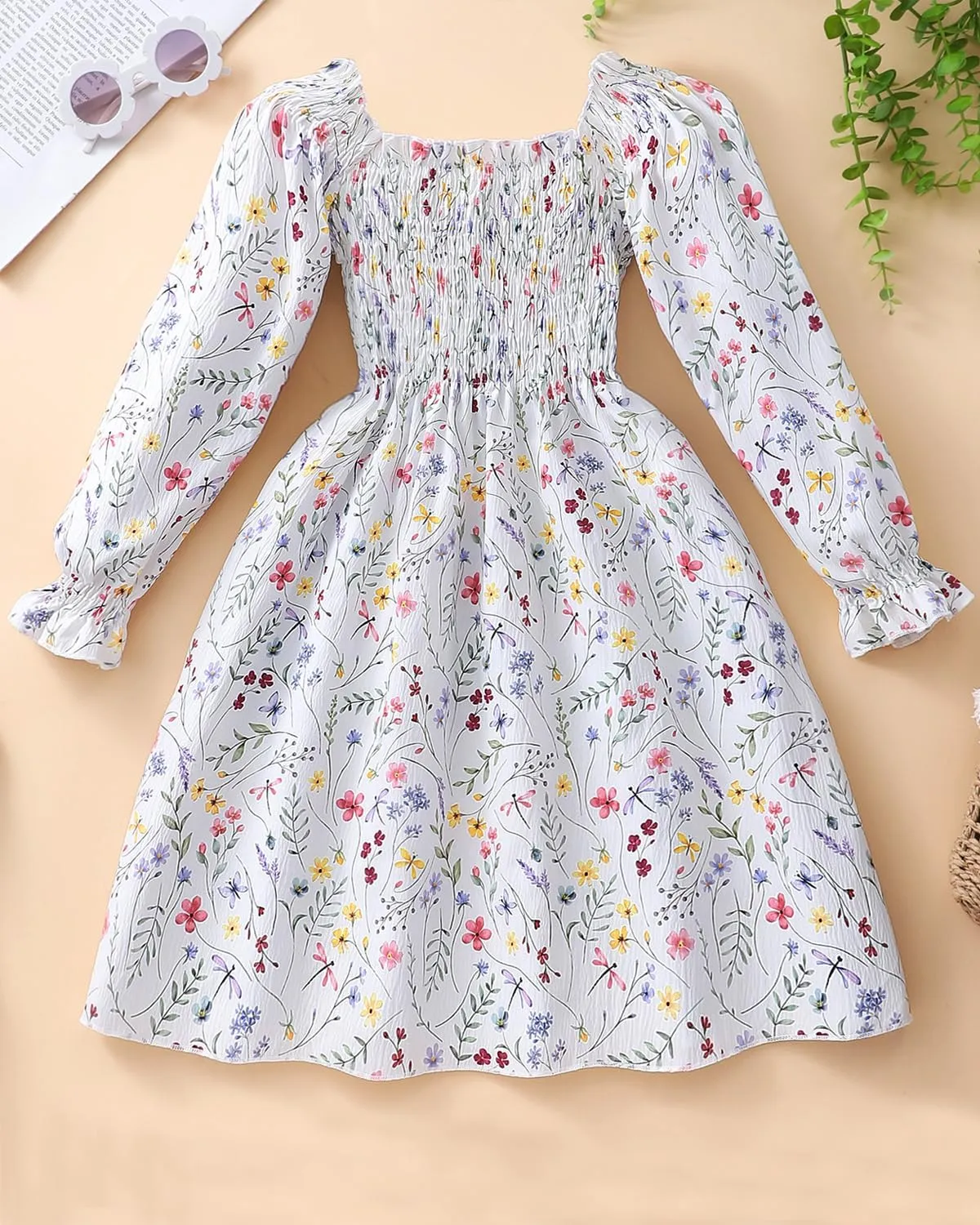 CM-Kid Girl Long Sleeve Dress Ruffle Floral Square Neck Spring Church School Outfits Sundress