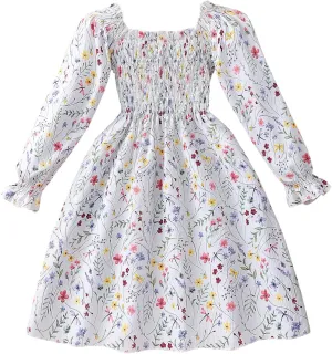 CM-Kid Girl Long Sleeve Dress Ruffle Floral Square Neck Spring Church School Outfits Sundress