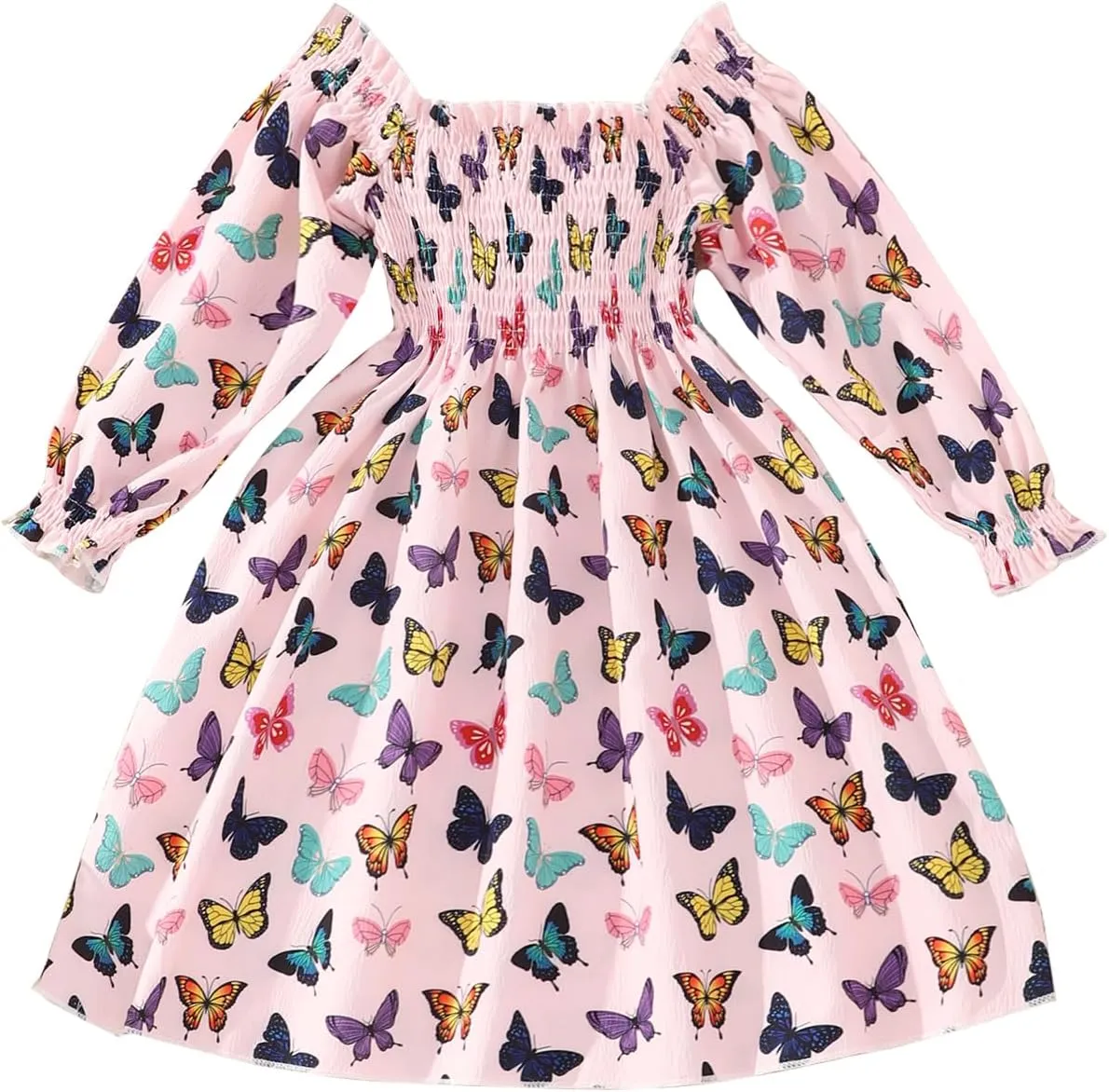 CM-Kid Girl Long Sleeve Dress Ruffle Floral Square Neck Spring Church School Outfits Sundress