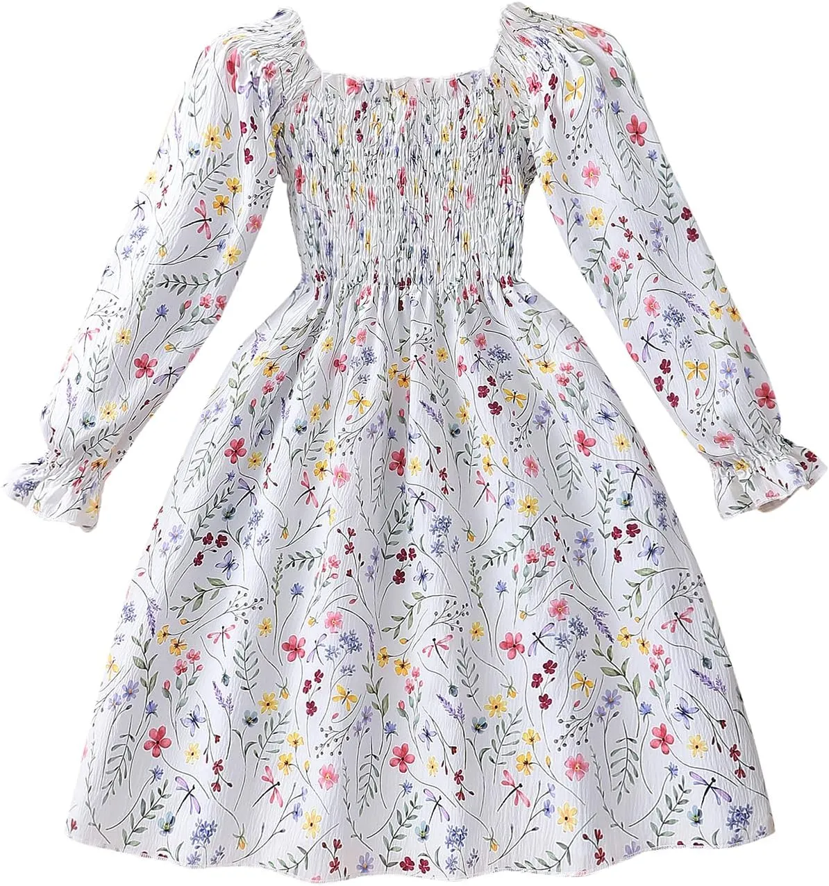 CM-Kid Girl Long Sleeve Dress Ruffle Floral Square Neck Spring Church School Outfits Sundress