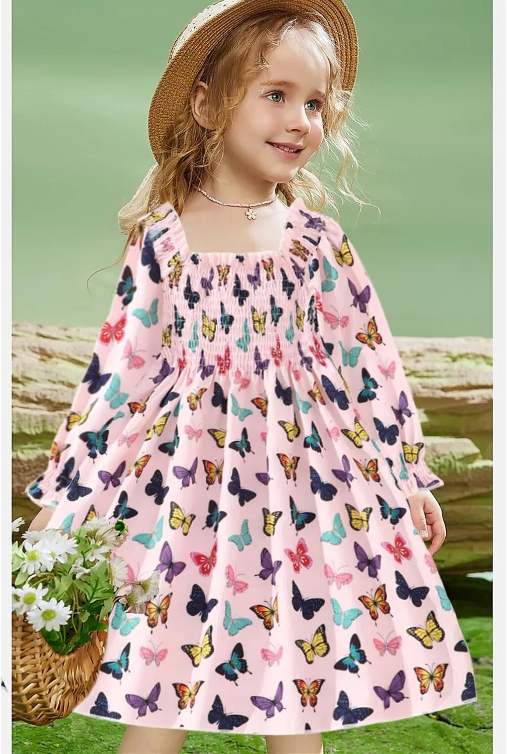 CM-Kid Girl Long Sleeve Dress Ruffle Floral Square Neck Spring Church School Outfits Sundress