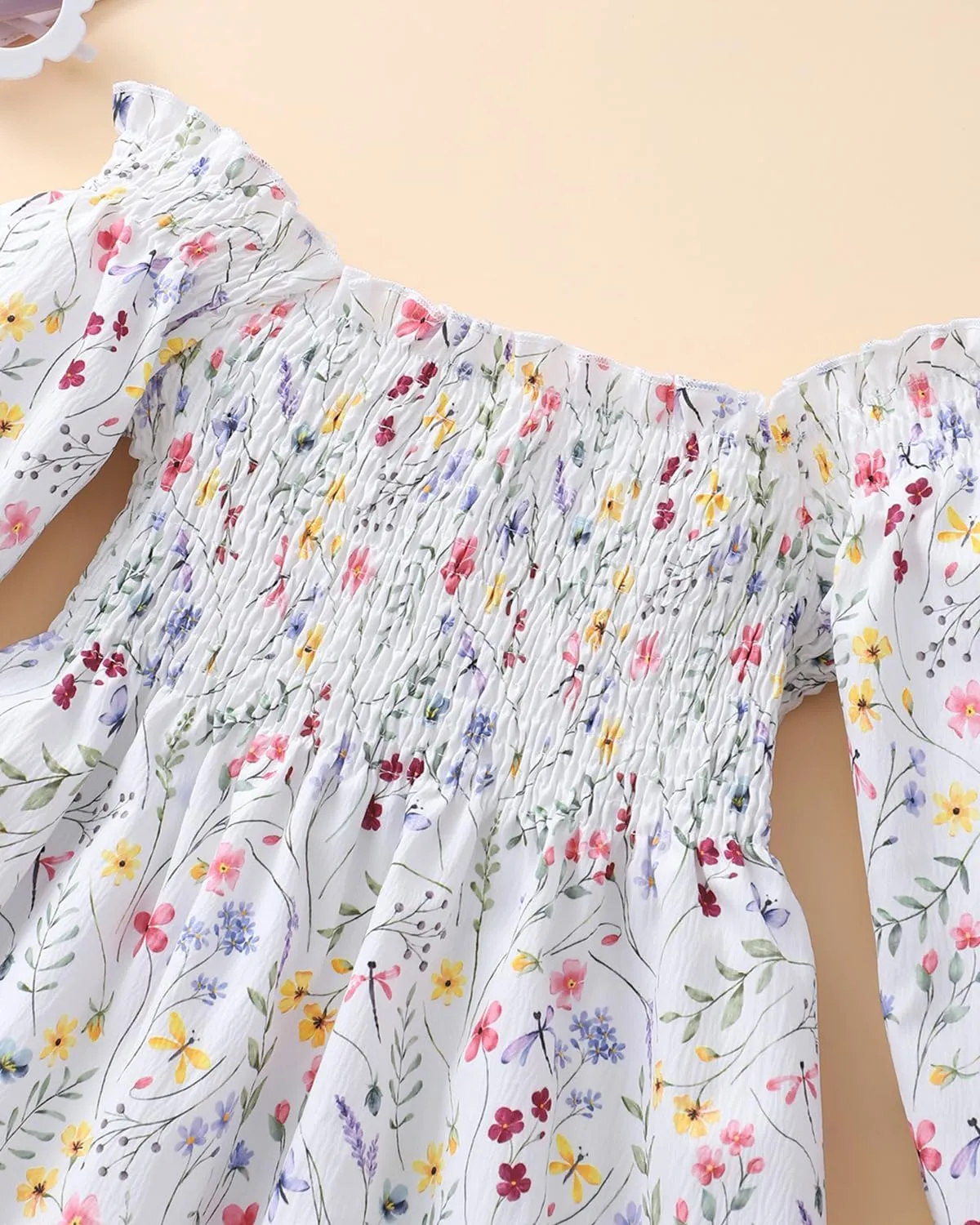 CM-Kid Girl Long Sleeve Dress Ruffle Floral Square Neck Spring Church School Outfits Sundress