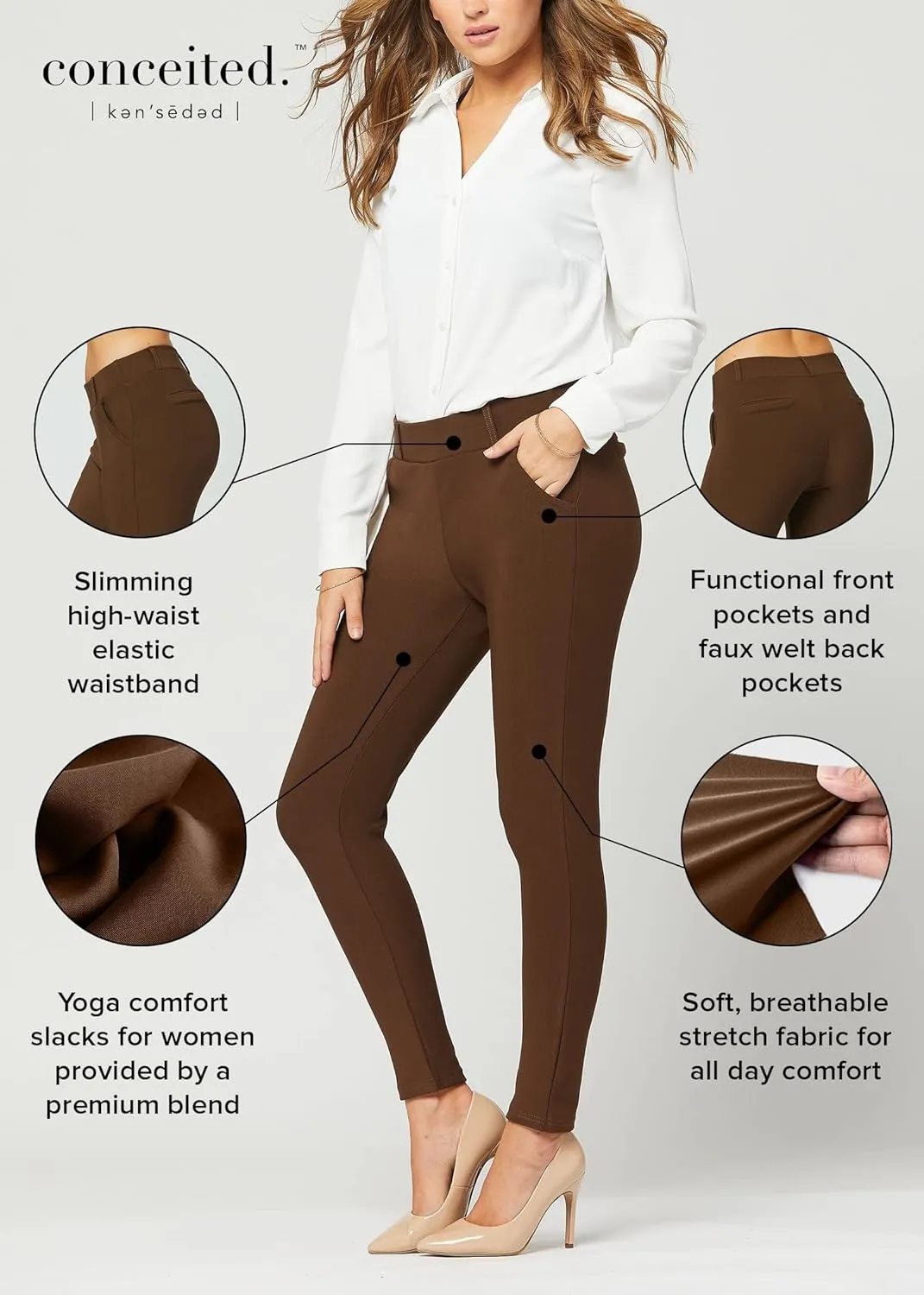 Conceited Dress Pants Women - Stretchy - Tummy Control - All Day Comfort Wear to Work - Womens Pants in Regular and Plus Size
