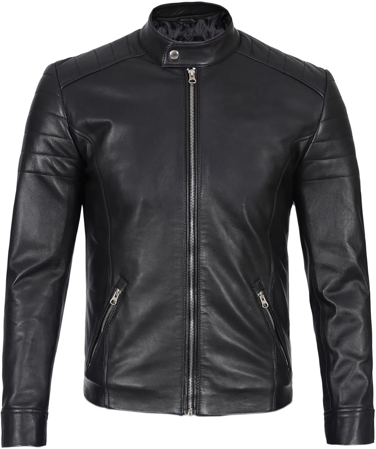 Decrum Leather Jacket Men - Real Lambskin Cafe Racer Style Casual Motorcycle Leather Jackets For Mens