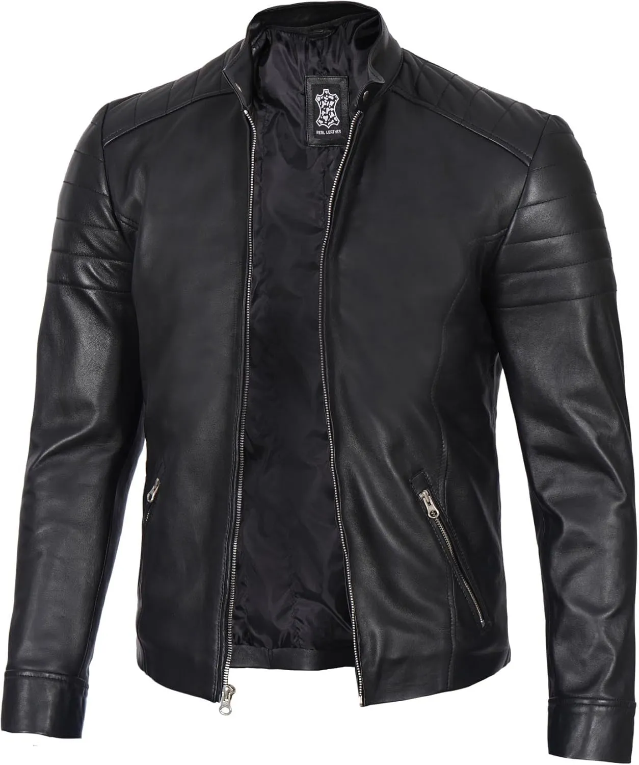 Decrum Leather Jacket Men - Real Lambskin Cafe Racer Style Casual Motorcycle Leather Jackets For Mens