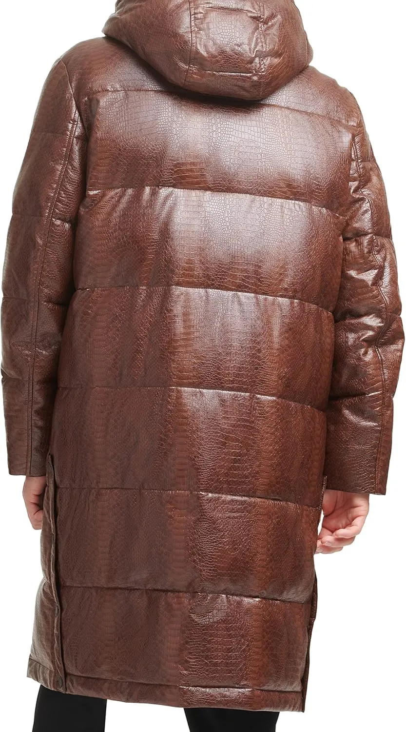 DKNY Mens Faux Leather Long Quilted Fashion Coat