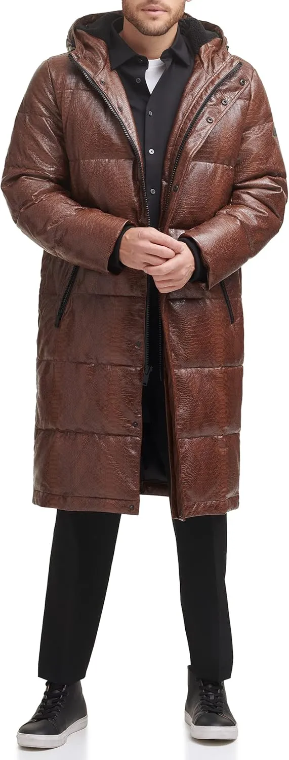 DKNY Mens Faux Leather Long Quilted Fashion Coat