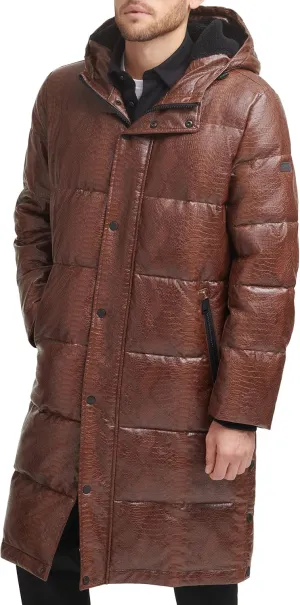 DKNY Mens Faux Leather Long Quilted Fashion Coat