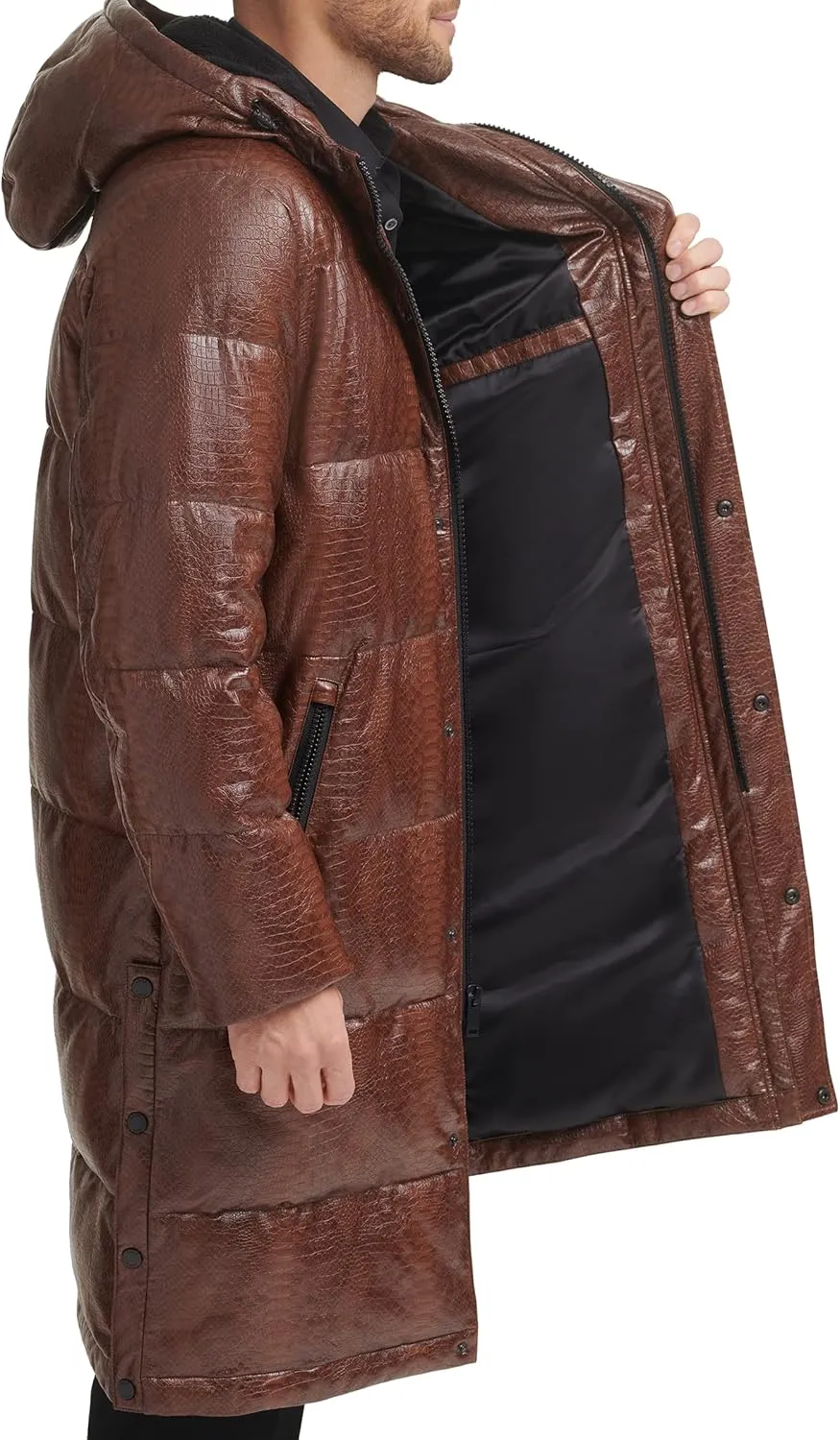 DKNY Mens Faux Leather Long Quilted Fashion Coat